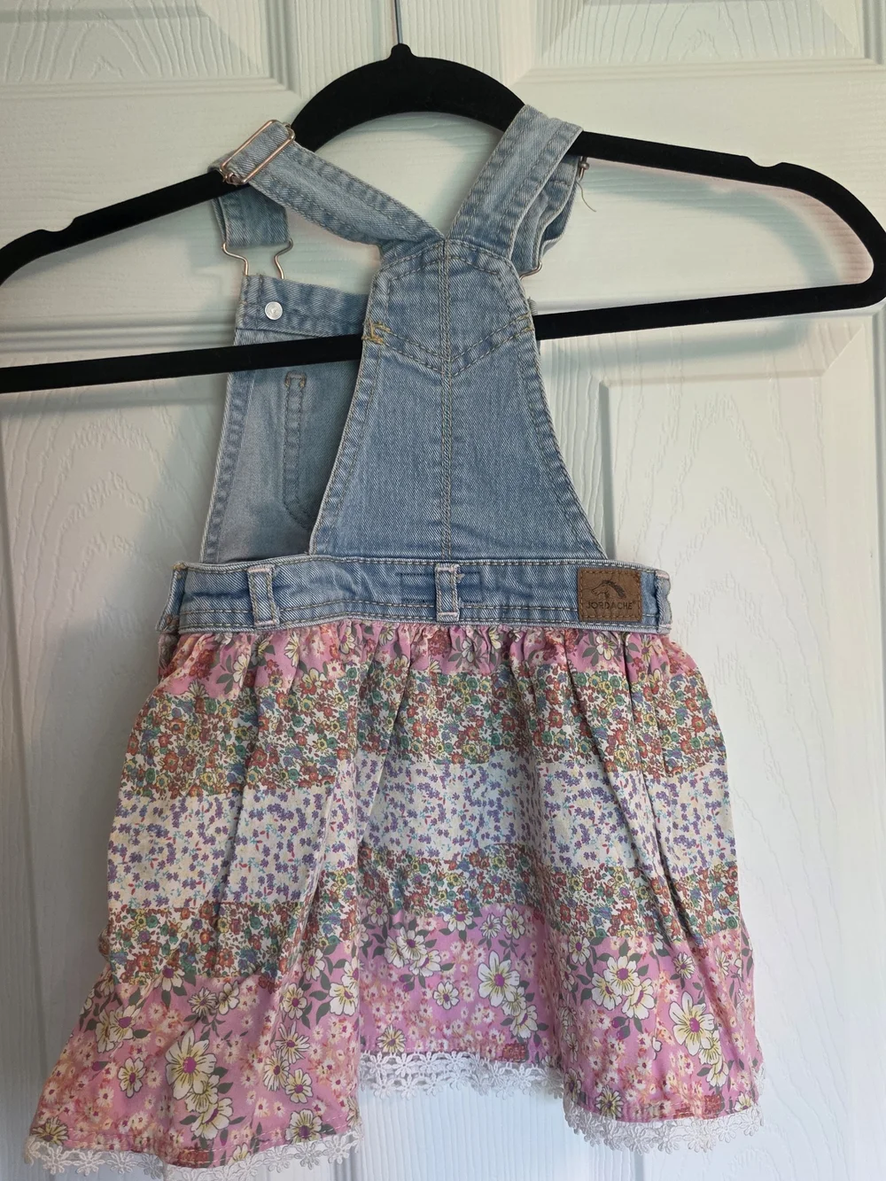 Jordache Light Wash Denim Overall Dress with Pink Floral Tiered Skirt